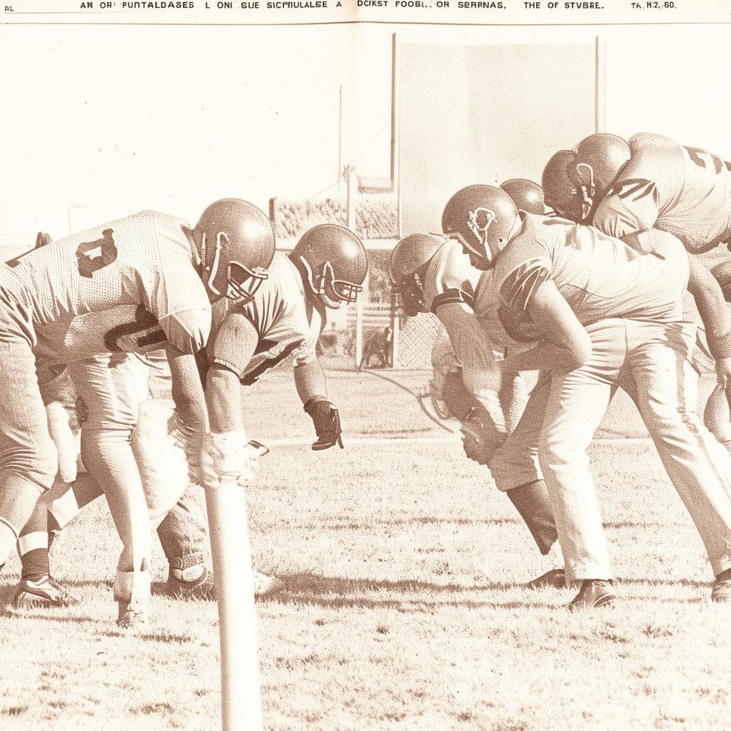 Sketch drawing of a football line of scrimmage as portrayed in a 1953 newspaper complete with vintage aesthetics and details