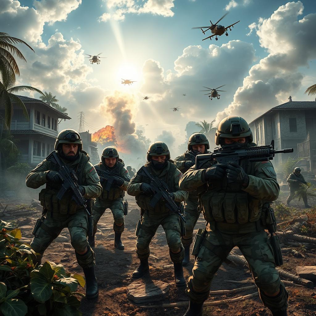 A highly detailed tactical scene set in a warzone on Rebirth Island, featuring a dynamic battlefield with soldiers in action, camouflaged in various military gear