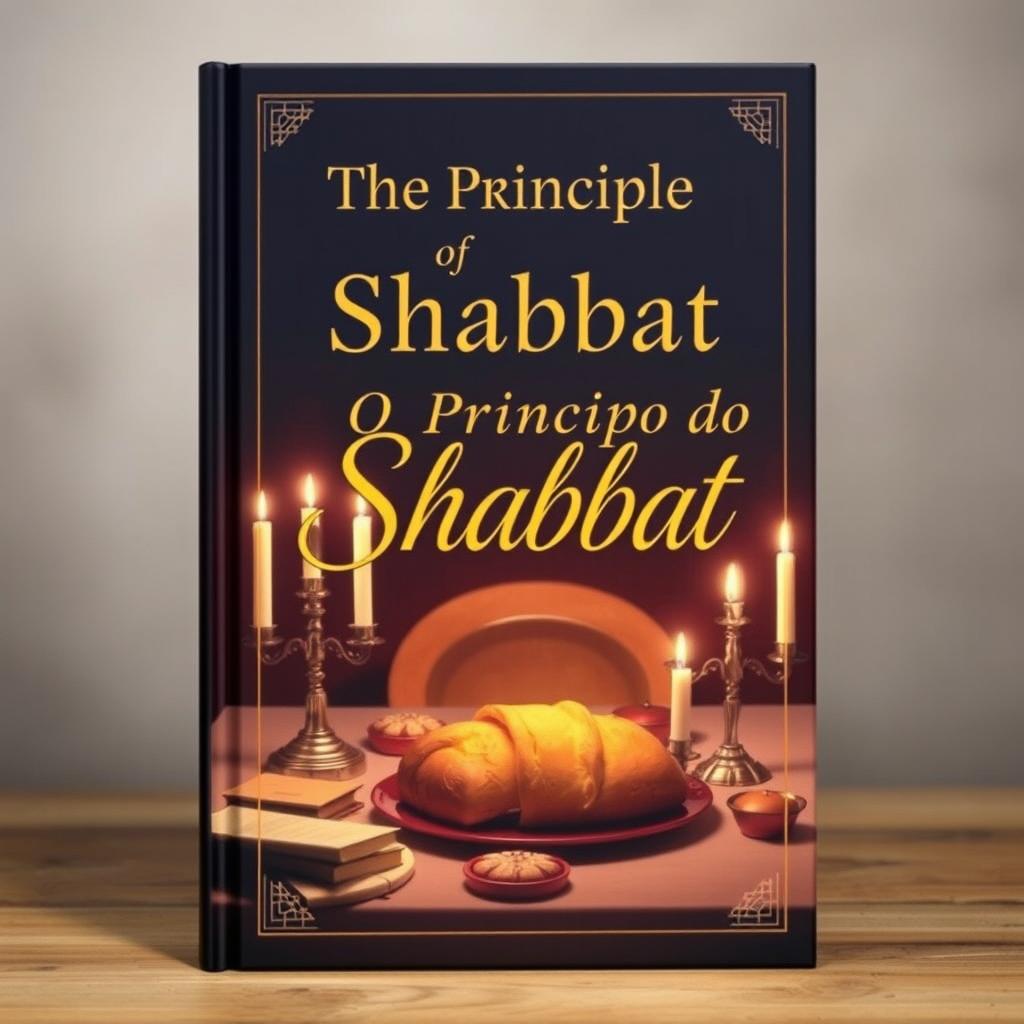 A captivating book cover design for 'The Principle of Shabbat', featuring an artistic representation of a peaceful Shabbat dinner table with a beautifully lit menorah, challah bread, and candles illuminating the scene