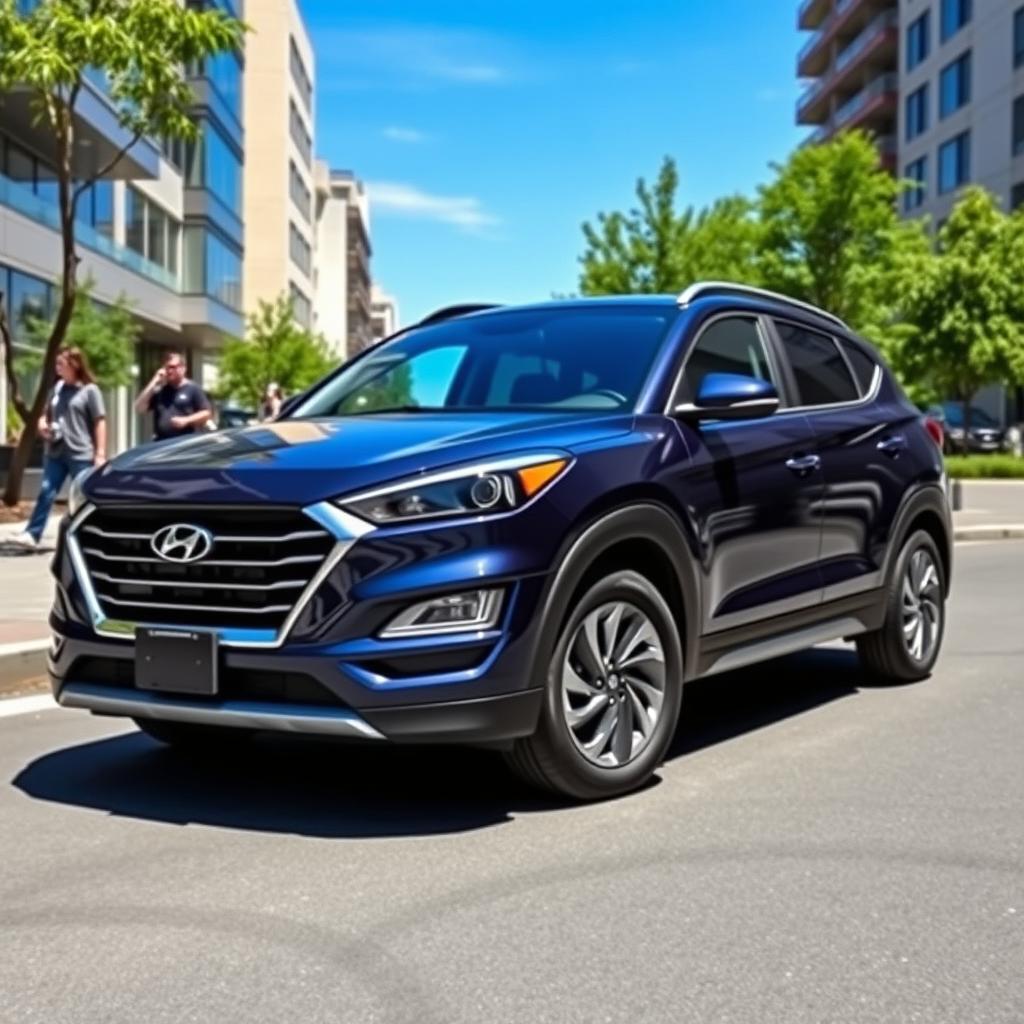 A dynamic and sleek Hyundai Tucson parked on an urban street, showcasing its modern design lines and distinctive front grille