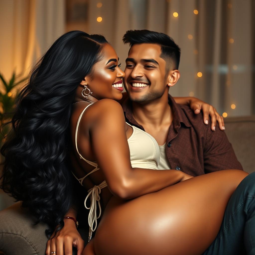 A beautiful African-American woman with light brown skin, long flowing black hair, and an attractive big booty, sitting comfortably in the lap of a light-skinned African-American man
