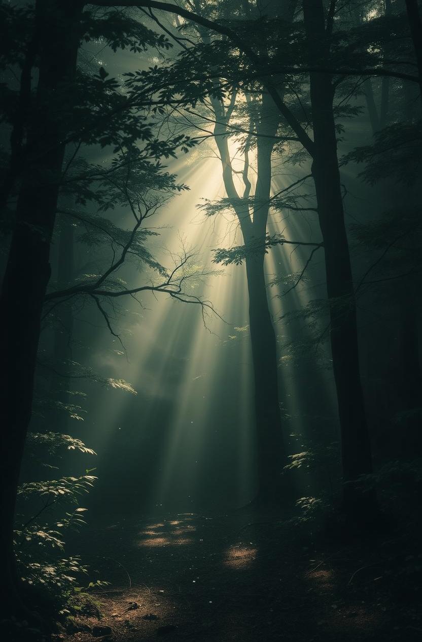 A mystical forest scene with tall, dark trees shrouded in mist