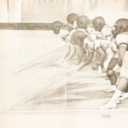 Sketch drawing of a football line of scrimmage as portrayed in a 1953 newspaper complete with vintage aesthetics and details