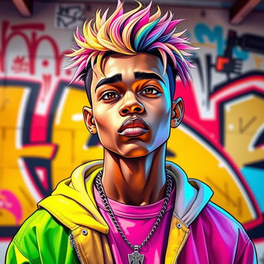 A vibrant and colorful portrait of a young male rapper, embodying a youthful energy and creativity
