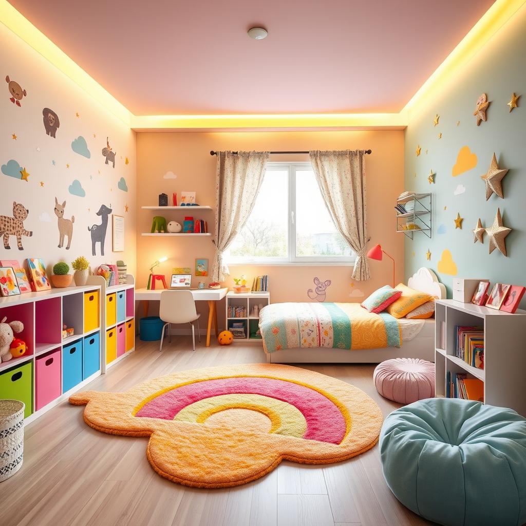 A vibrant and playful kids room interior design featuring a whimsical theme