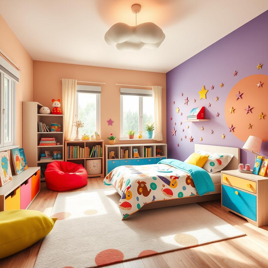 A beautifully designed kids' room featuring playful and vibrant colors