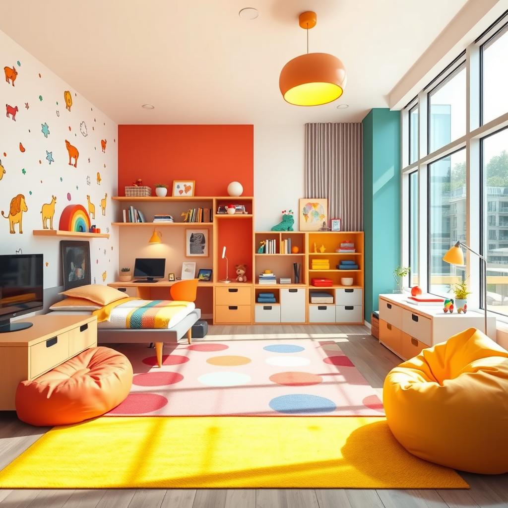 A spacious and modern kids' room interior featuring stylish furniture and playful decor