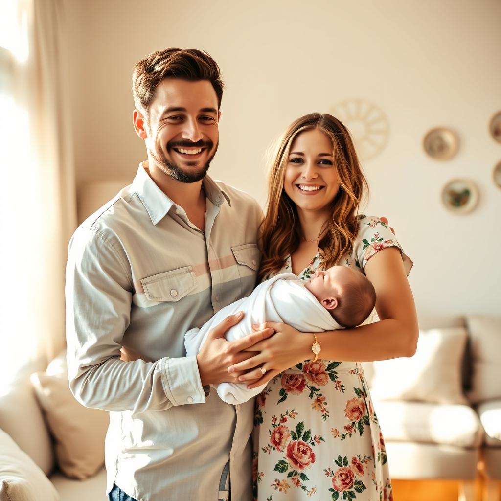 A couple standing together, radiating happiness and love as they hold a newborn baby swaddled in a soft blanket