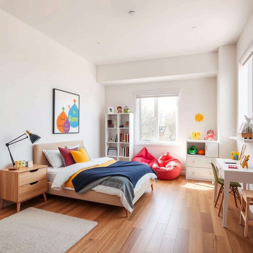 A modern kids room interior, featuring a playful yet sophisticated design