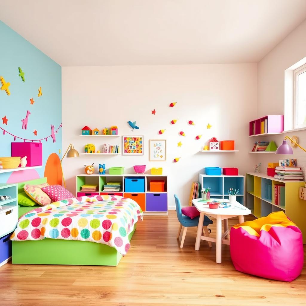 A colorful kids room interior, featuring a vibrant and cheerful design