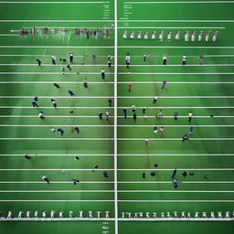 Generate a top-down sketch of a football line of scrimmage, featuring two teams with accurate jersey numbers and colors. Emphasize the formation of players in clear gridiron lines.
