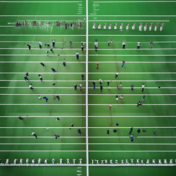 Generate a top-down sketch of a football line of scrimmage, featuring two teams with accurate jersey numbers and colors. Emphasize the formation of players in clear gridiron lines.