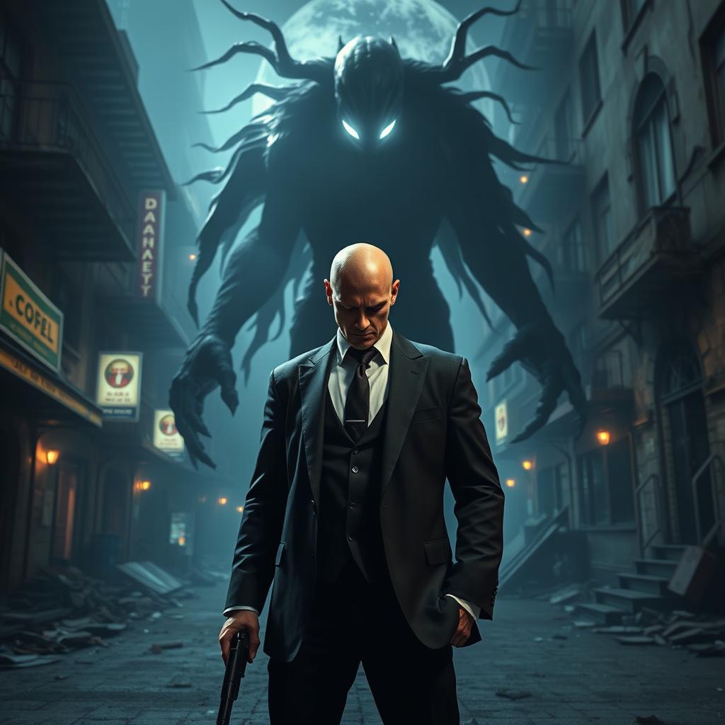 A dramatic showdown between Agent 47, the iconic bald assassin known for his tactical skills and sharp suit, and the Dahaka, a mythical, supernatural creature resembling a dark, imposing figure with flowing shadows and glowing eyes