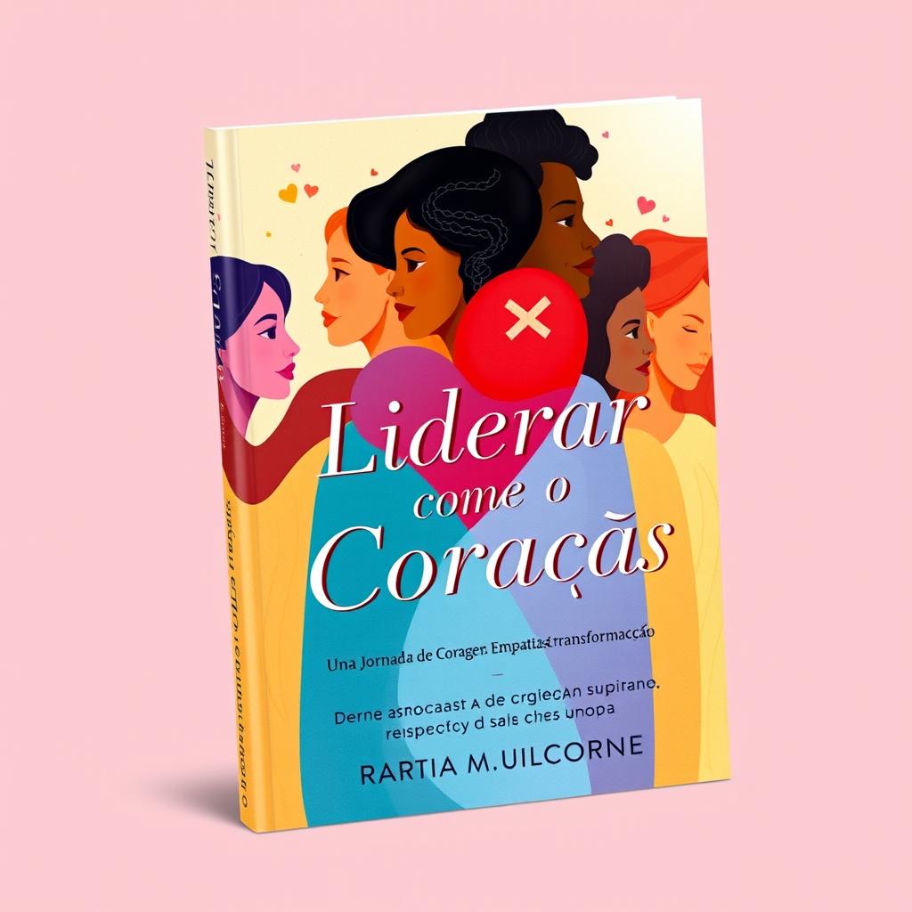 A book cover design for 'Liderar com o Coração: Uma Jornada de Coragem, Empatia e Transformação', featuring an artistic representation of strong and diverse women in leadership positions