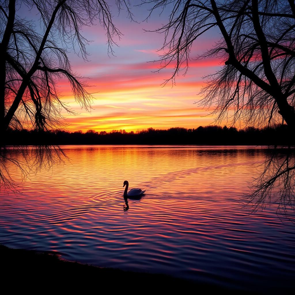 A serene sunset over a tranquil lake, with soft ripples reflecting vibrant hues of orange, pink, and purple in the sky