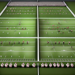 Generate a top-down sketch of a football line of scrimmage, featuring two teams with accurate jersey numbers and colors. Emphasize the formation of players in clear gridiron lines.