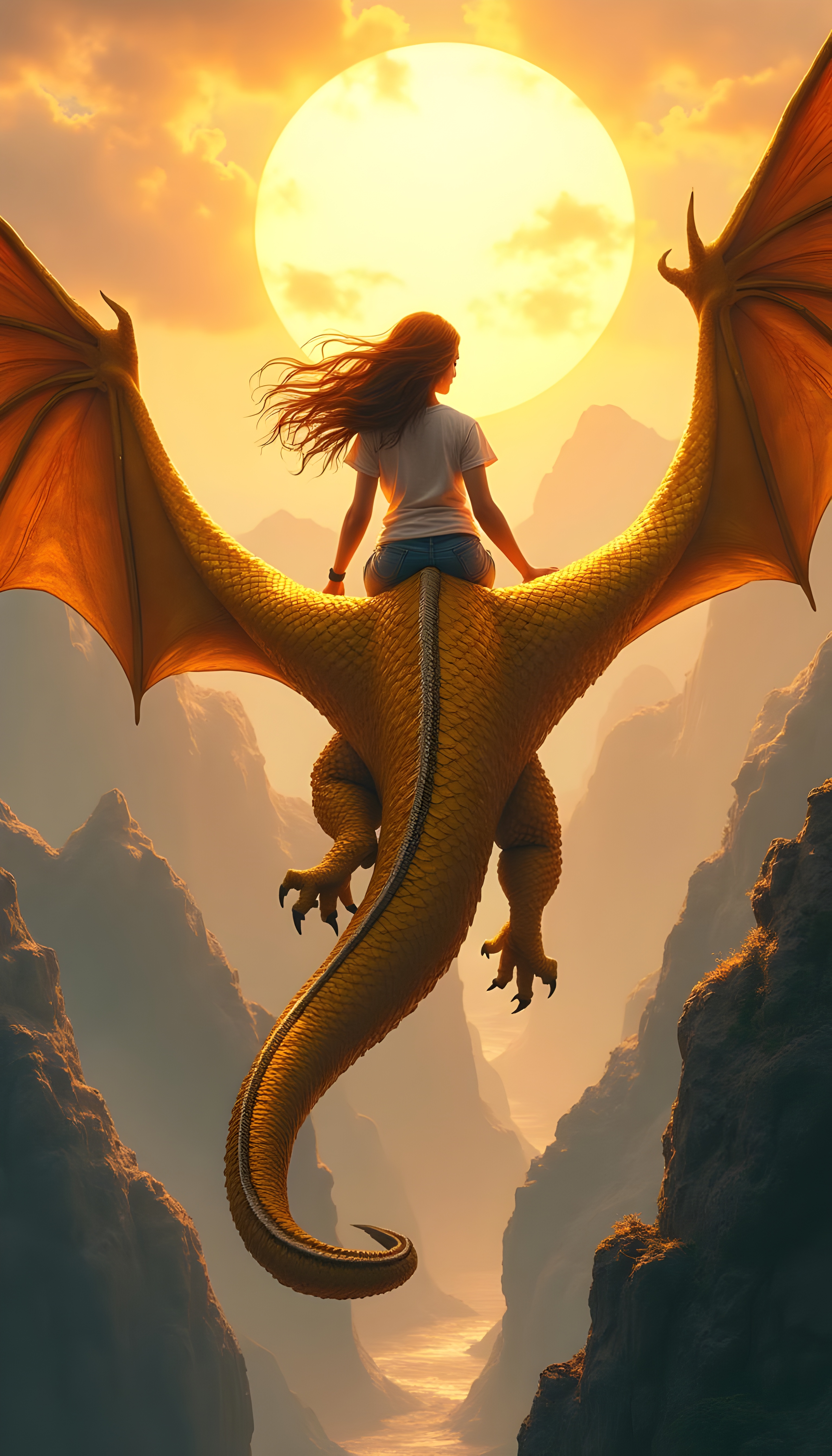 Soaring Adventures: A Young Woman and Her Golden Dragon