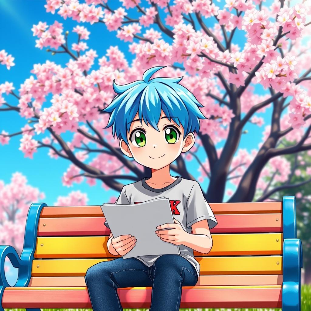 An anime-style boy with bright blue hair and large expressive green eyes, wearing a casual outfit consisting of a graphic t-shirt and denim jeans