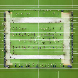 Generate a top-down sketch of a football line of scrimmage, featuring two teams with accurate jersey numbers and colors. Emphasize the formation of players in clear gridiron lines.