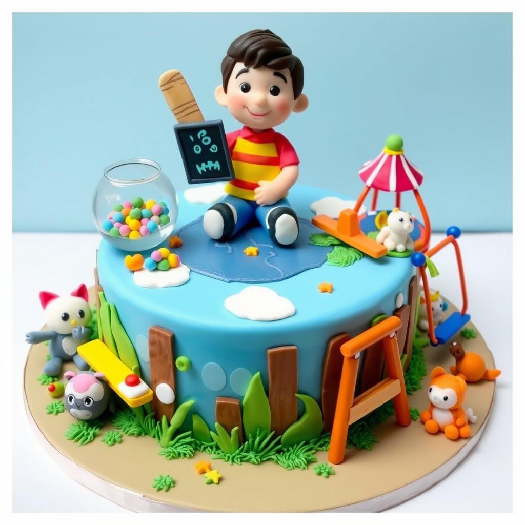 A beautifully designed fondant cake themed as a playful outdoor area