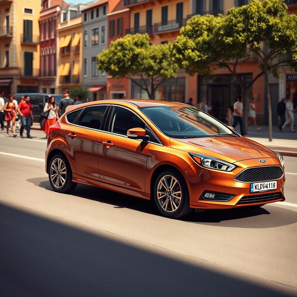 A sleek Ford Focus 2 in a rich Marrakesh brown color, parked elegantly on a sunlit street