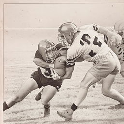 Adjust previous sketch to depict a player tackling another player in a football match, maintaining the vintage aesthetics and details from a 1953 newspaper