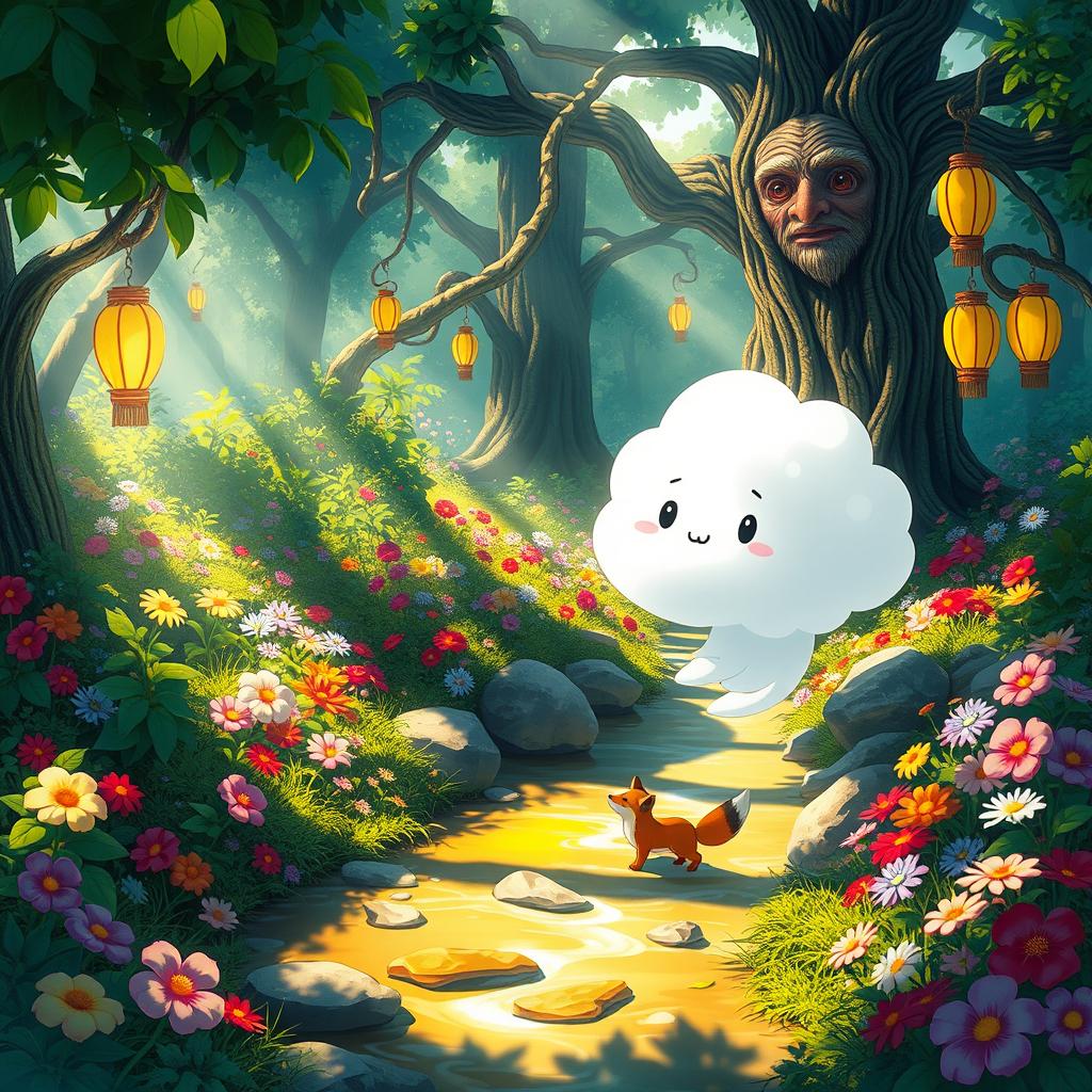 An enchanting and vibrant scene inspired by Studio Ghibli, depicting a lush, magical forest full of whimsical creatures and colorful flowers