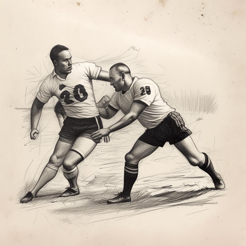 Adjust previous sketch to depict a player tackling another player in a football match, maintaining the vintage aesthetics and details from a 1953 newspaper