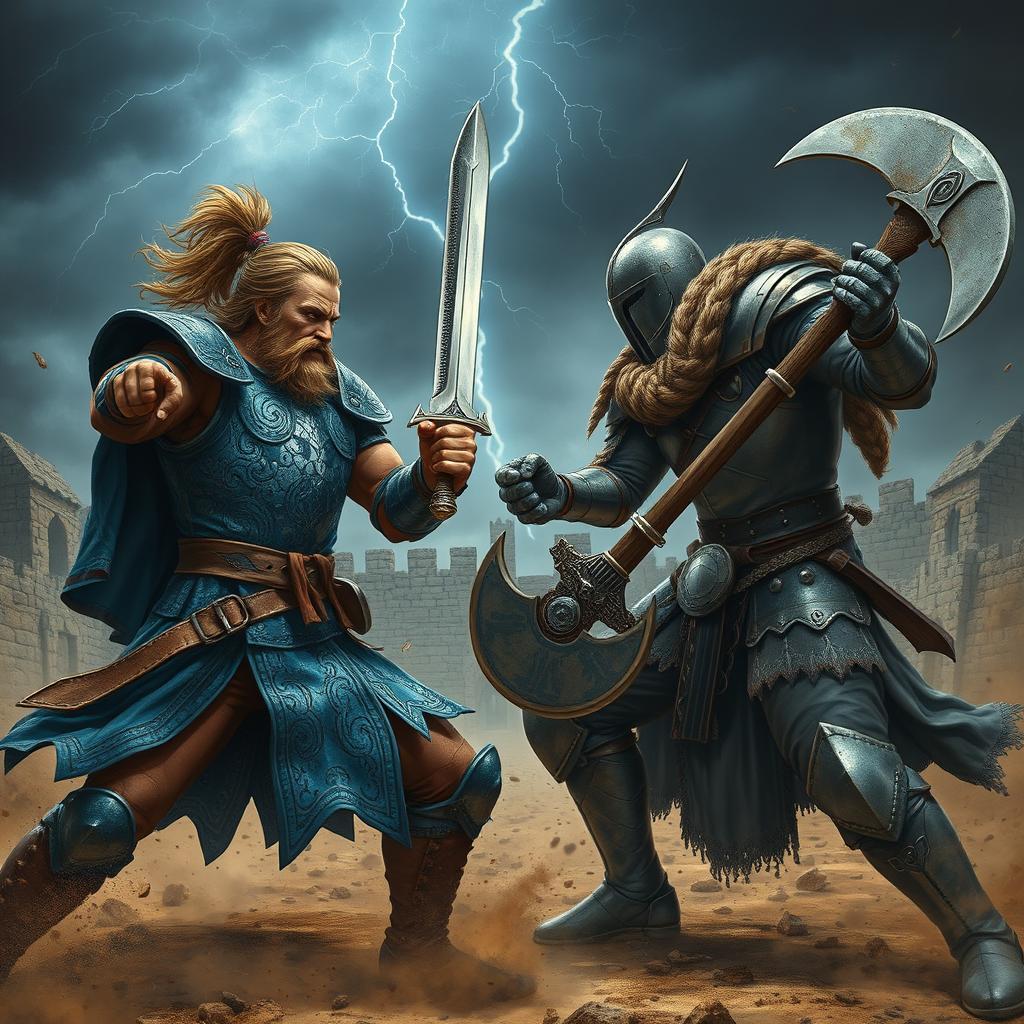 A dramatic scene of two warriors in an epic battle, showcasing their intense expressions and dynamic poses