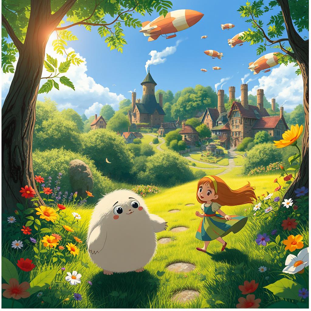 A whimsical, enchanting forest scene inspired by Studio Ghibli, featuring lush greenery, vibrant flowers, and gentle sunlight filtering through the leaves