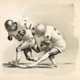 Adjust previous sketch to depict a player tackling another player in a football match, maintaining the vintage aesthetics and details from a 1953 newspaper