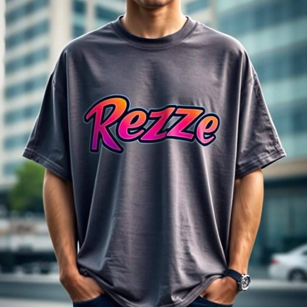 A trendy oversized t-shirt featuring the bold and stylish logo of 'Rezze', displayed prominently on the front