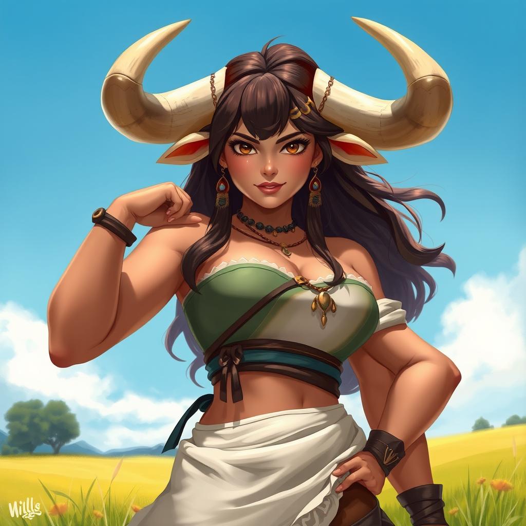 A captivating female character with bull features, embodying strength and femininity