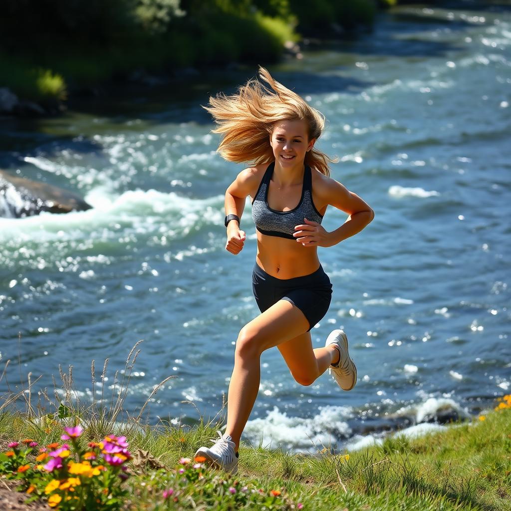 A young woman racing alongside a swift river, her hair blowing in the wind as she sprints over a grassy bank