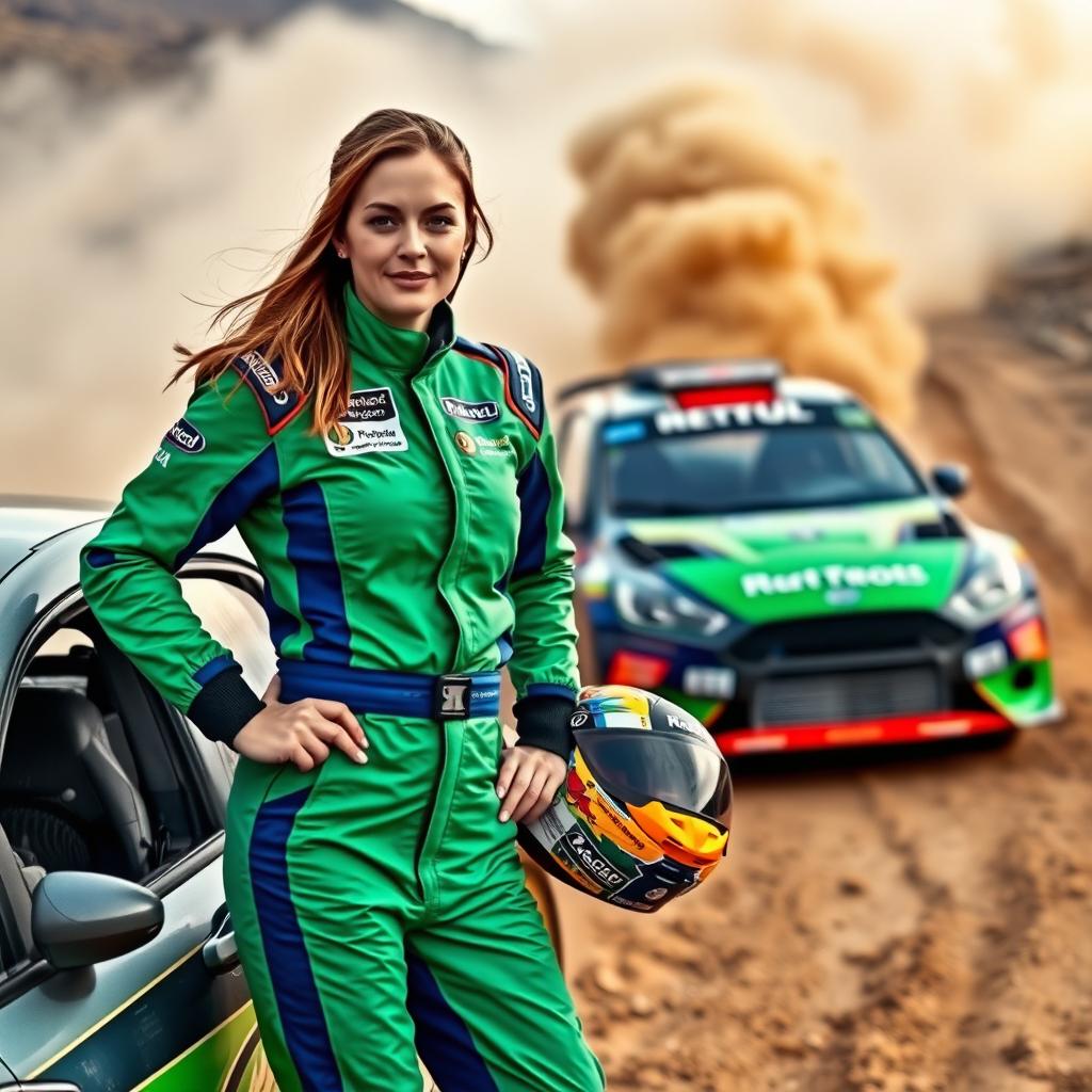 A skilled female rally race driver in a striking green and blue race suit, confidently standing beside her rally car