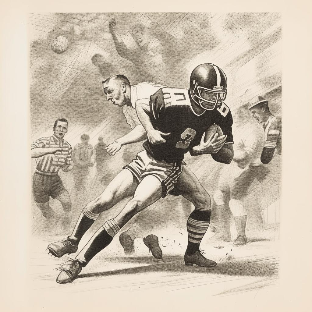 Adjust previous sketch to depict a player tackling another player in a football match, maintaining the vintage aesthetics and details from a 1953 newspaper