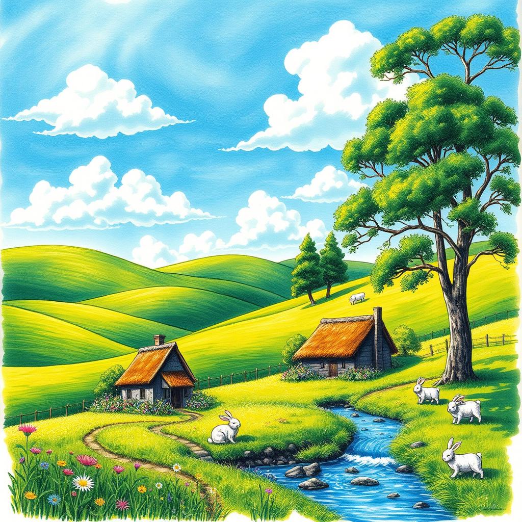 A vivid and colorful drawing of a peaceful countryside landscape, showcasing rolling green hills under a bright blue sky, dotted with fluffy white clouds