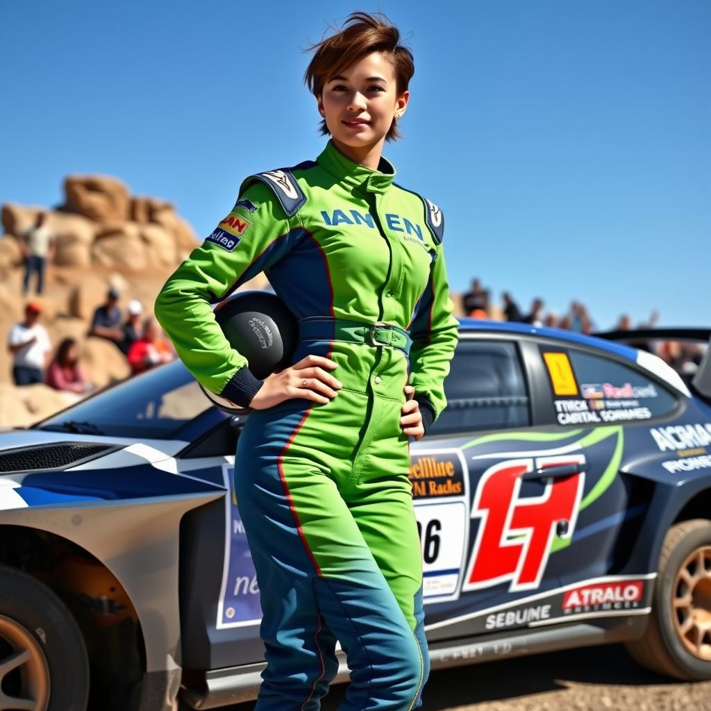 A young female rally car driver in a vibrant green and blue racing suit, confidently standing next to her high-performance rally car