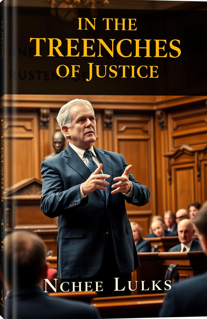 A captivating cover design for a book titled 'In the Trenches of Justice,' featuring a seasoned lawyer passionately arguing a case in a courtroom