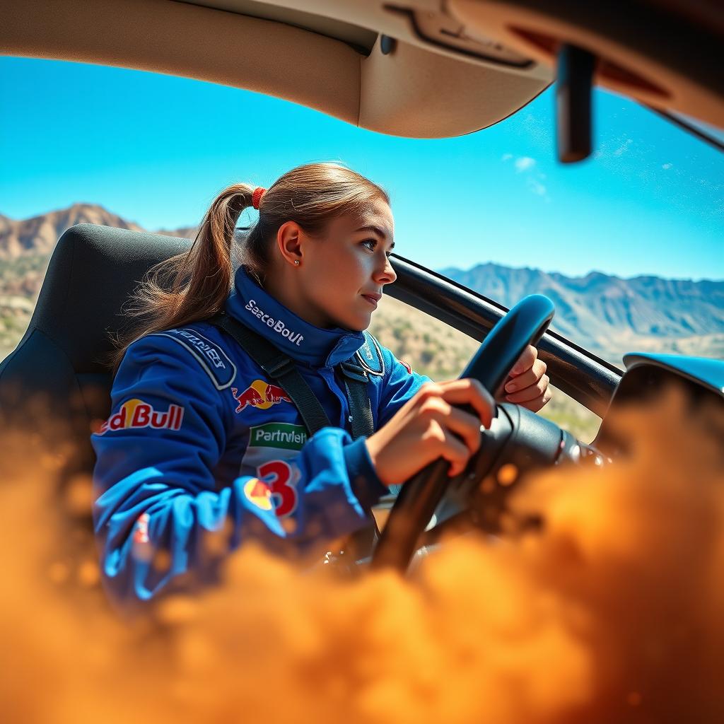 A skilled girl rally race driver in an action-packed scene, wearing a striking blue race suit adorned with vibrant sponsor logos