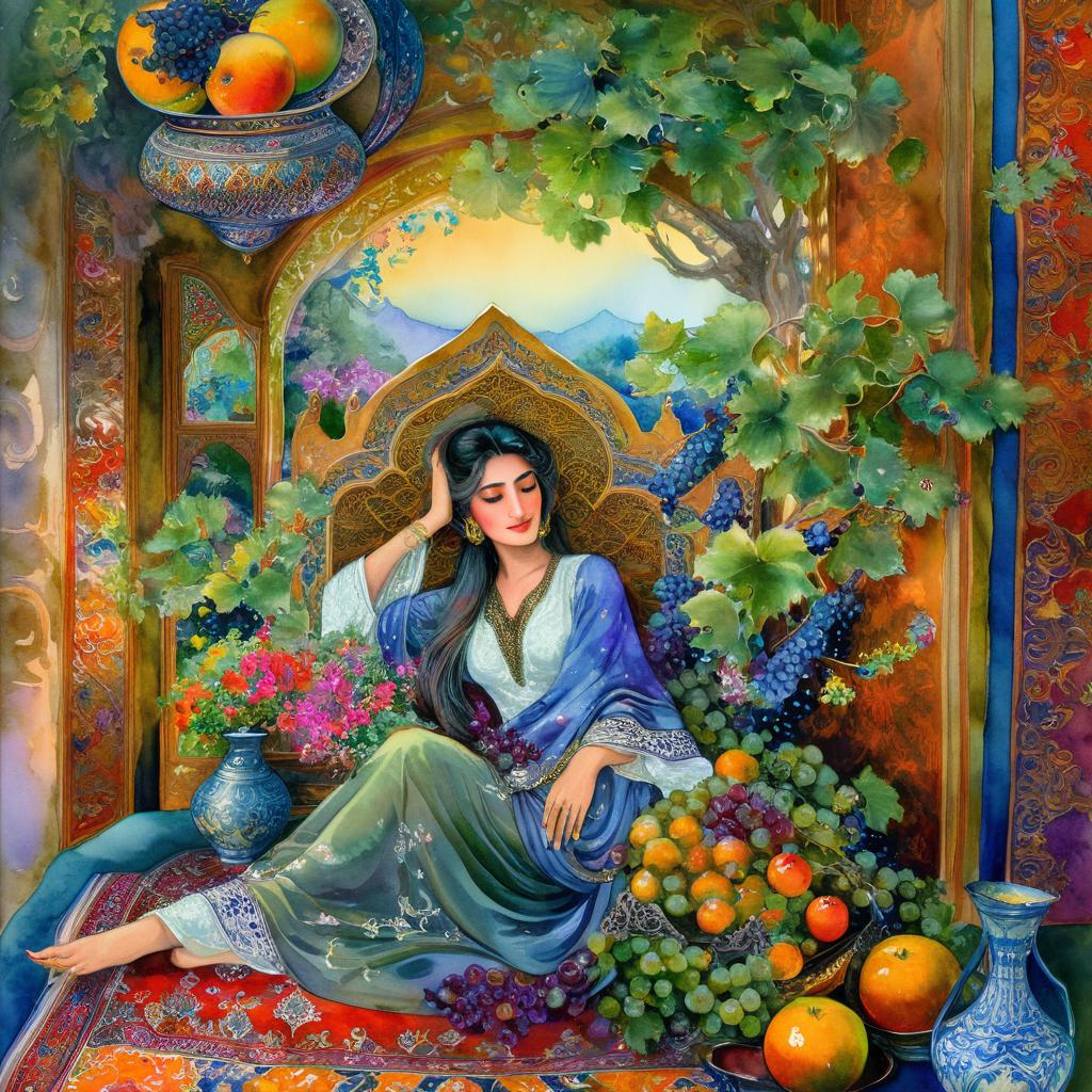 A mystical and spiritual watercolor painting of a beautiful Iranian woman reclining on a royal back inside a beautiful Iranian home with shiny and colorful silk carpets, fruit and grape dishes, traditional vases, and colorful flowers.