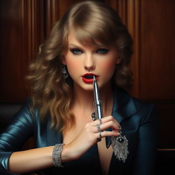 Taylor Swift holding a elegant, silver pen in a casual pose