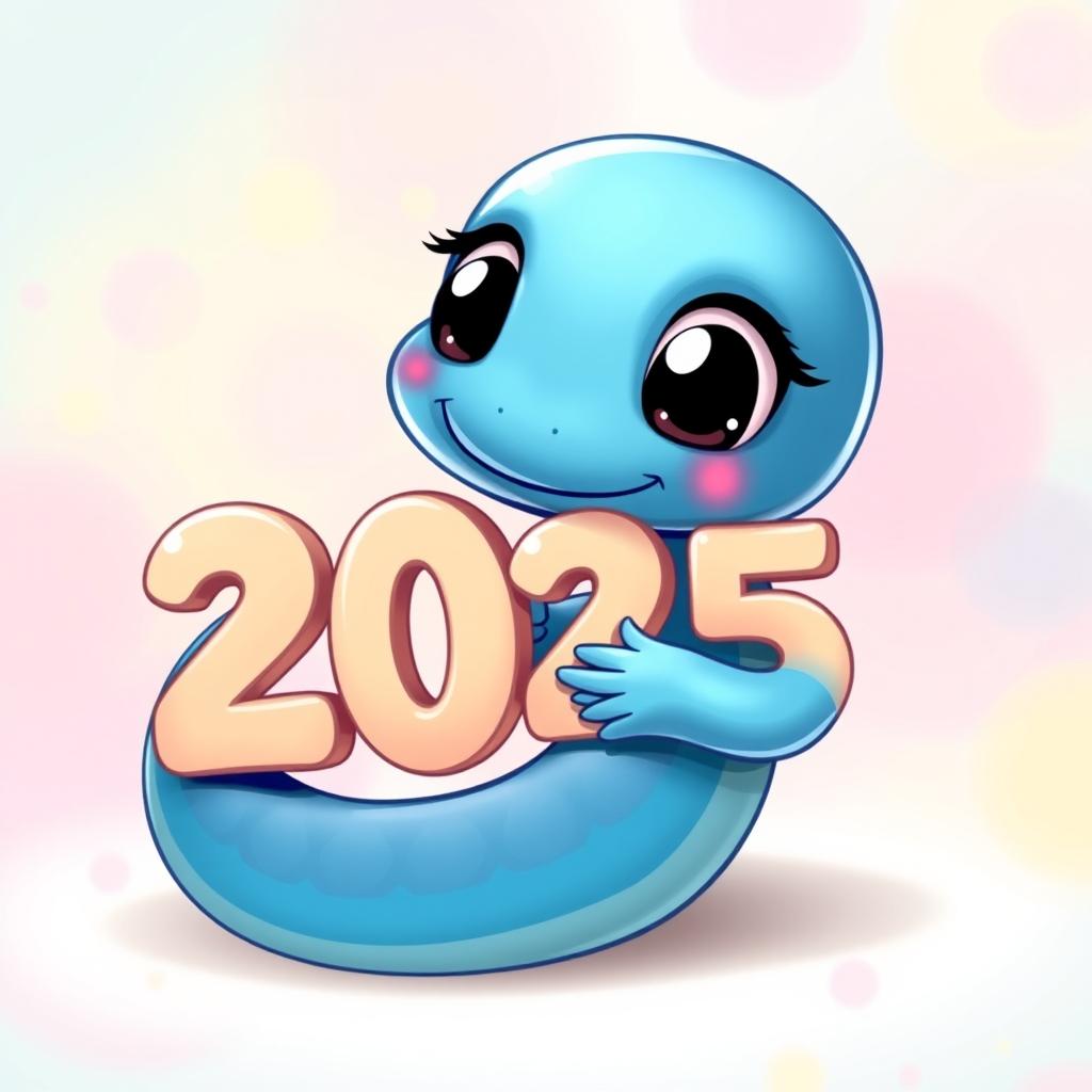 A cute chibi-style blue snake with big eyes and a friendly smile, playfully hugging the numbers '2025'