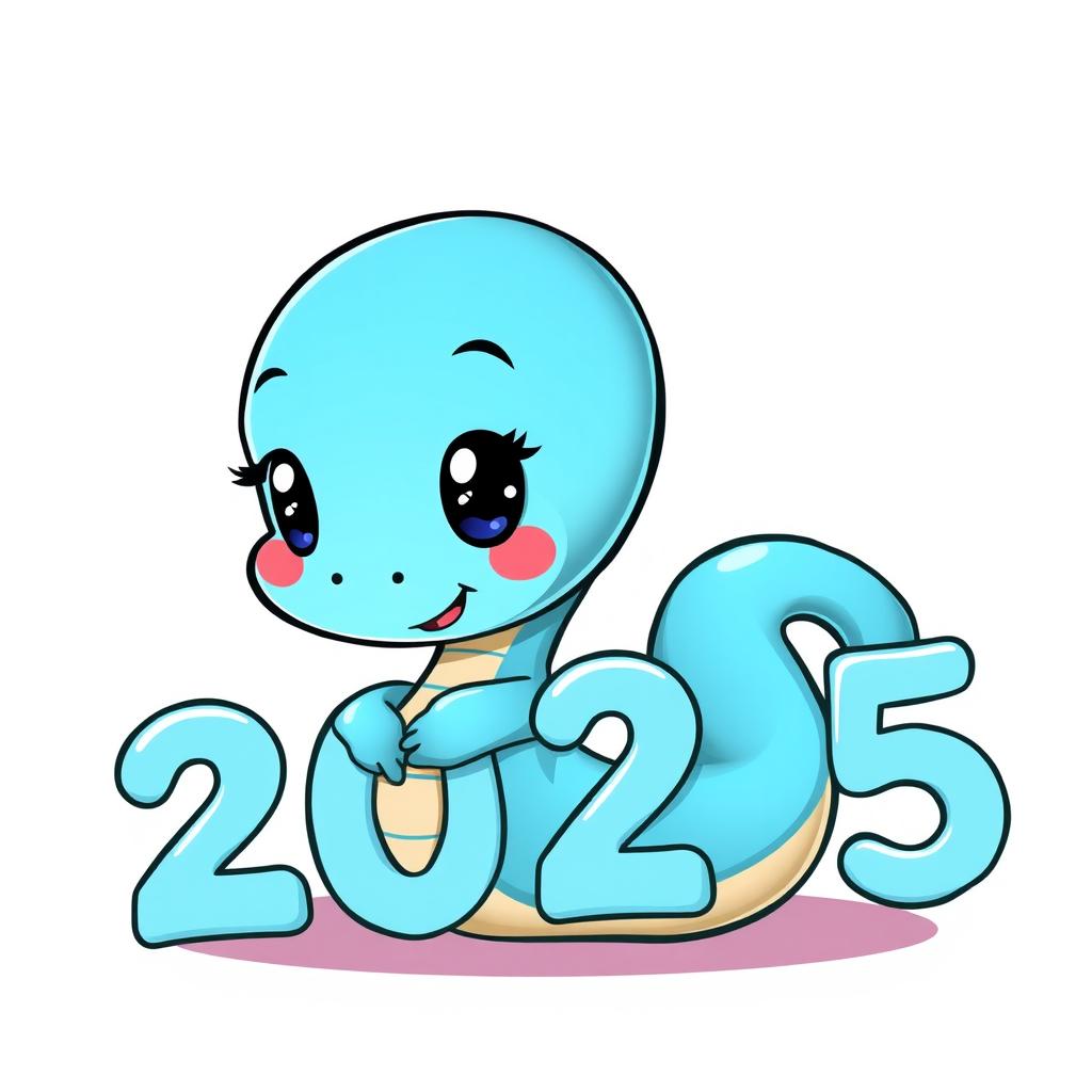 A cute chibi-style blue snake with large, expressive eyes and a happy face, wrapped affectionately around the number '2025'