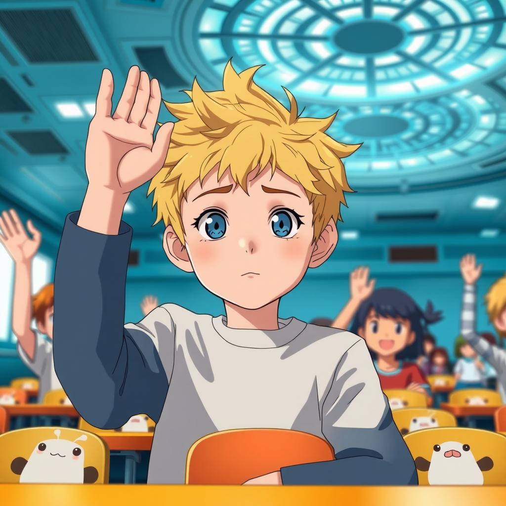 A boy with striking blue eyes and tousled blond hair sitting in a classroom, raising his hand along with other students
