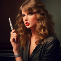 Taylor Swift holding a elegant, silver pen in a casual pose