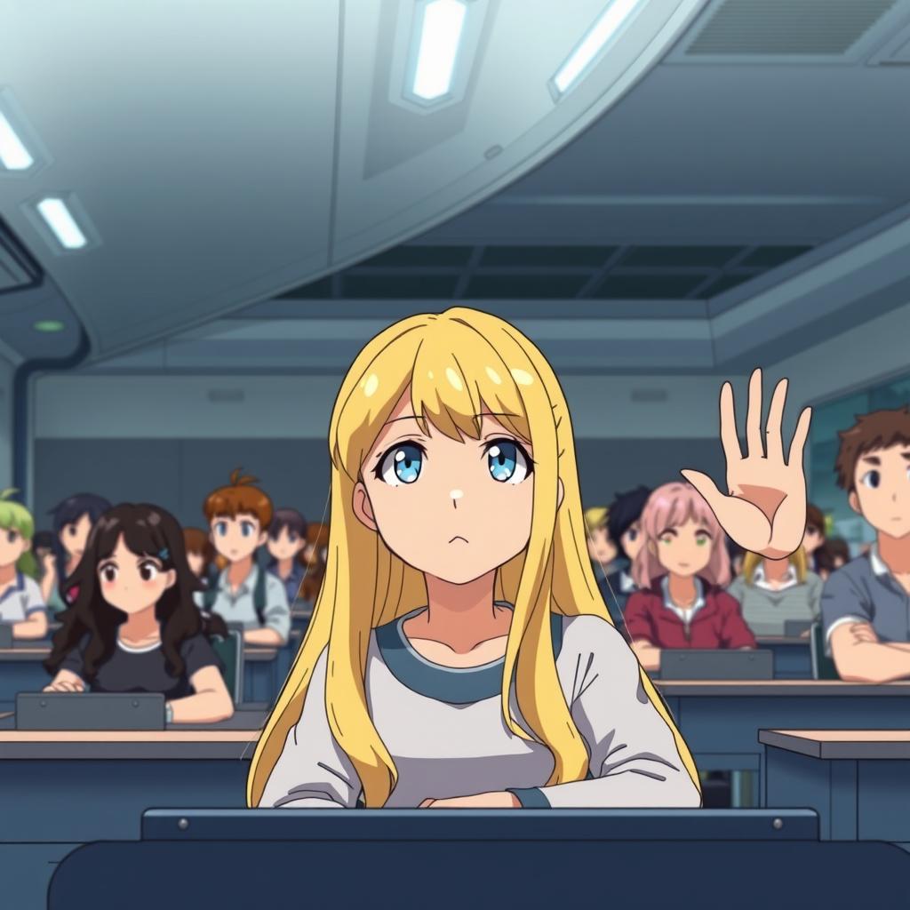 A girl with striking blue eyes and long blond hair seated in a classroom, raising her hand among other students