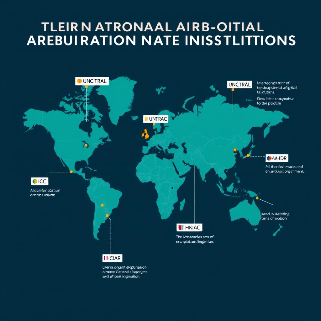 A detailed world map showcasing the major international arbitration institutions