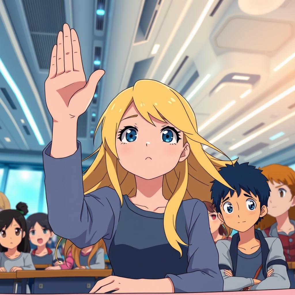 A girl with striking blue eyes and flowing blond hair, sitting in a classroom filled with diverse students