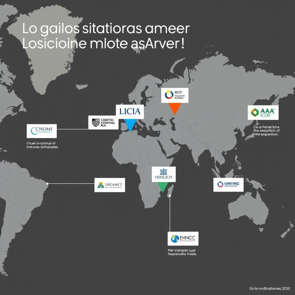 Un gráfico detallado de un mapa mundial que muestre las principales instituciones arbitrales internacionales